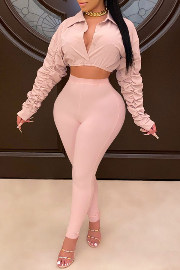 Pink Sexy Solid Patchwork Buttons Fold Turndown Collar Long Sleeve Two Pieces