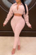 Pink Sexy Solid Patchwork Buttons Fold Turndown Collar Long Sleeve Two Pieces