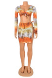 Orange Fashion Sexy Print Bandage Hollowed Out V Neck Long Sleeve Two Pieces