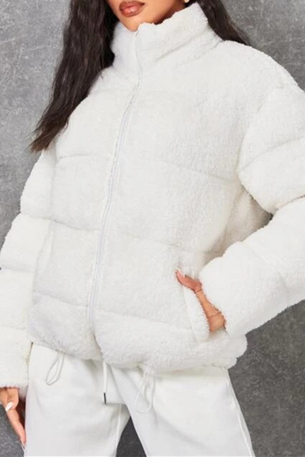 White Fashion Casual Solid Zipper Mandarin Collar Outerwear