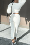 White Casual Solid Patchwork O Neck Long Sleeve Two Pieces
