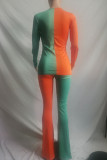 Orange Green Casual Solid Patchwork Slit U Neck Long Sleeve Two Pieces