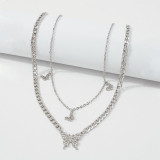 Silver Fashion Casual Rhinestone Butterfly Decor Layered Necklace