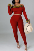 Red Sexy Solid Split Joint Feathers Off the Shoulder Long Sleeve Two Pieces