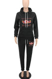 Black Casual Print Patchwork Hooded Collar Long Sleeve Two Pieces