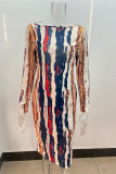Multicolor Fashion Casual Print Backless O Neck Long Sleeve Dresses