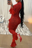 Red Fashion Sexy Print Basic Zipper Collar Regular Jumpsuits