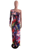 Colour Fashion Sexy Print Backless Slit Oblique Collar Long Sleeve Dresses