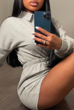 Grey Casual Solid Patchwork Turndown Collar Long Sleeve Two Pieces