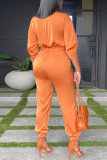 Tangerine Red Casual Solid Patchwork Buckle Turndown Collar Straight Jumpsuits
