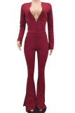 Blue Sexy Solid Hollowed Out Patchwork Backless Slit V Neck Regular Jumpsuits