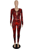 Red Fashion Casual Print Hollowed Out V Neck Long Sleeve Two Pieces