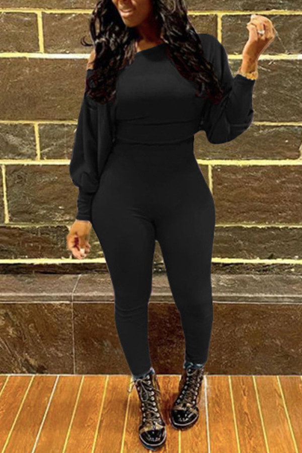 Black Casual Solid Patchwork Oblique Collar Long Sleeve Two Pieces