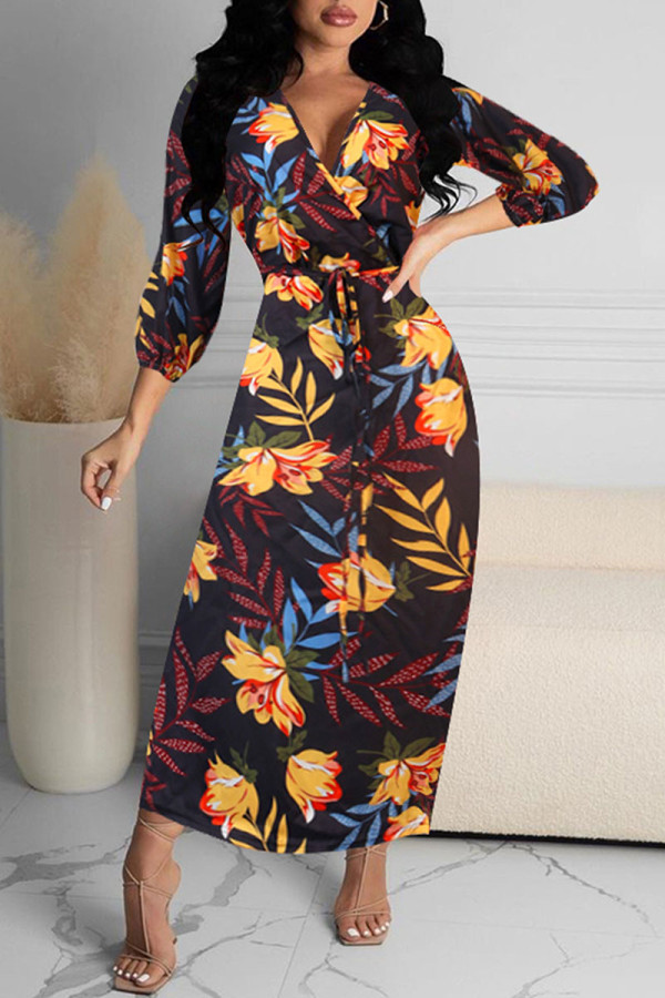 Multicolor Casual Print Bandage Patchwork V Neck Straight Dresses