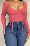 Red Casual Solid Patchwork Frenulum Fold V Neck Tops