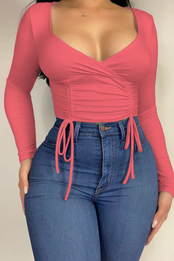 Red Casual Solid Patchwork Frenulum Fold V Neck Tops