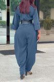 Gray Blue Casual Solid Patchwork Buckle Turndown Collar Loose Jumpsuits (Without Belt)