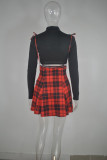 Red Fashion Casual Plaid Print Basic Turtleneck Long Sleeve Two Pieces
