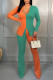 Orange Green Casual Solid Patchwork Slit U Neck Long Sleeve Two Pieces