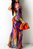 Colour Fashion Sexy Print Backless Slit Oblique Collar Long Sleeve Dresses