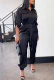 Tangerine Red Casual Solid Patchwork Buckle Turndown Collar Straight Jumpsuits