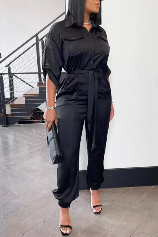 Black Casual Solid Patchwork Buckle Turndown Collar Straight Jumpsuits
