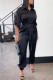 Black Casual Solid Patchwork Buckle Turndown Collar Straight Jumpsuits