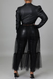 Black Fashion Casual Solid Patchwork Turndown Collar Tops