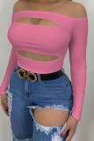 Rose Red Sexy Hollowed Out Patchwork Off the Shoulder Tops