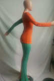 Orange Green Casual Solid Patchwork Slit U Neck Long Sleeve Two Pieces