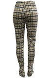 Brown Fashion Casual Plaid Print Basic Regular High Waist Pencil Trousers