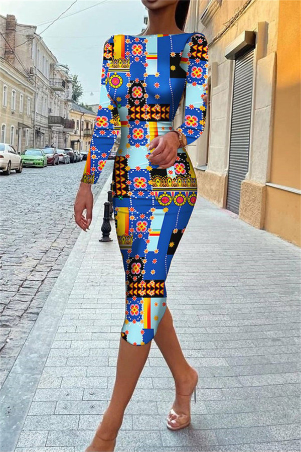 Blue Fashion Casual Print Backless O Neck Long Sleeve Dresses