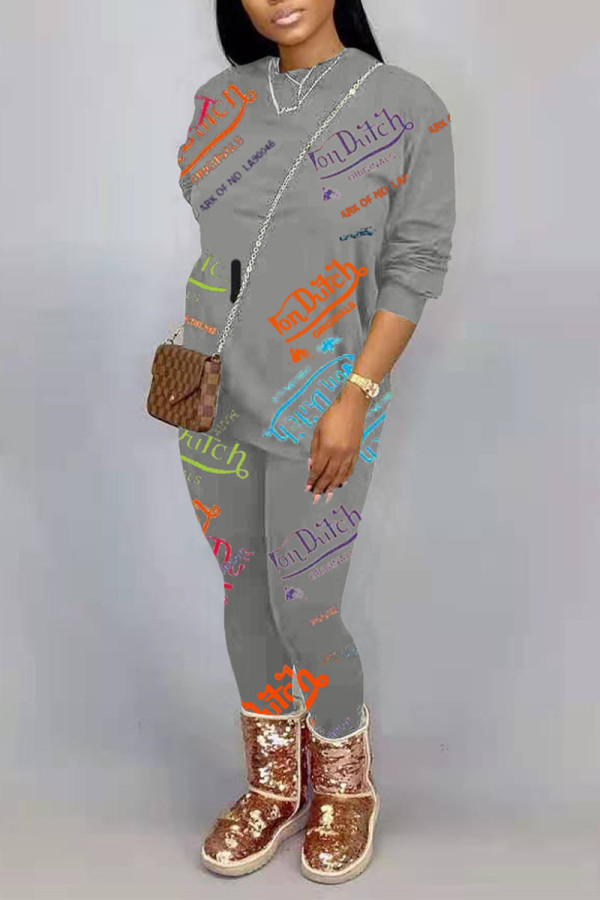 Grey Casual Letter Printing O Neck Long Sleeve Two Pieces