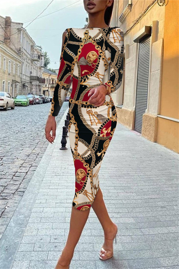 Multicolor Fashion Casual Print Backless O Neck Long Sleeve Dresses