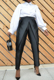 Black Fashion Casual Solid Patchwork Regular High Waist Trousers