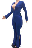Blue Sexy Solid Hollowed Out Patchwork Backless Slit V Neck Regular Jumpsuits