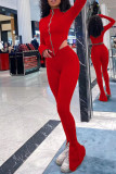 Red Sexy Solid Split Joint Asymmetrical Zipper Zipper Collar Long Sleeve Two Pieces
