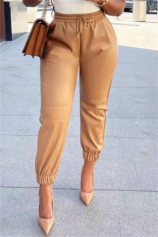 Khaki Fashion Casual Solid Basic Regular High Waist Trousers
