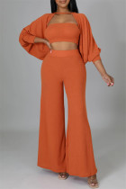 Orange Fashion Casual Solid Hollowed Out Split Joint O Neck Long Sleeve Three-piece Set