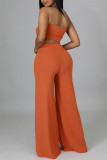 Orange Fashion Casual Solid Hollowed Out Split Joint O Neck Long Sleeve Three-piece Set