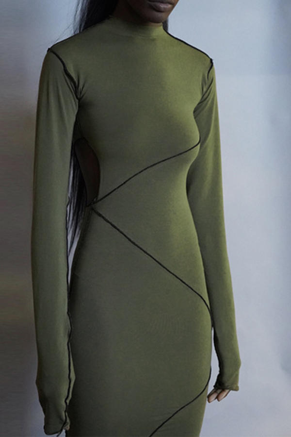 Green Sexy Solid Patchwork Half A Turtleneck Pencil Skirt Dresses