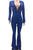 Blue Sexy Solid Hollowed Out Patchwork Backless Slit V Neck Regular Jumpsuits