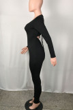 Black Casual Solid Patchwork Draw String Backless Fold U Neck Skinny Jumpsuits