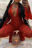 Red Fashion Sexy Print Basic Zipper Collar Regular Jumpsuits