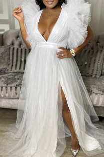 White Fashion Solid Slit V Neck Plus Size Dresses