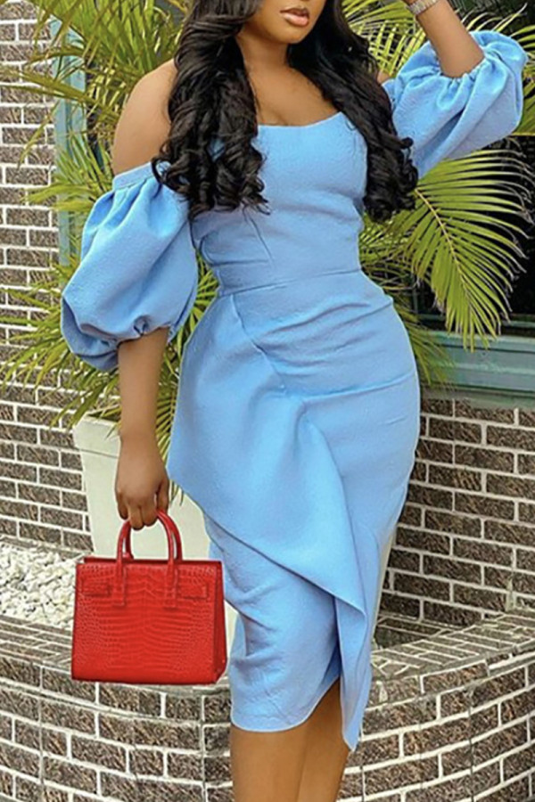 Sky Blue Fashion Sexy Solid Patchwork Off the Shoulder Evening Dress