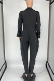 Gray Blue Casual Solid Split Joint Buckle Turndown Collar Loose Jumpsuits (Without Belt)
