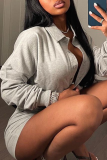 Grey Casual Solid Patchwork Turndown Collar Long Sleeve Two Pieces
