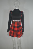 Red Fashion Casual Plaid Print Basic Turtleneck Long Sleeve Two Pieces