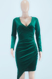 Green Sexy Solid Split Joint Fold Asymmetrical V Neck One Step Skirt Dresses